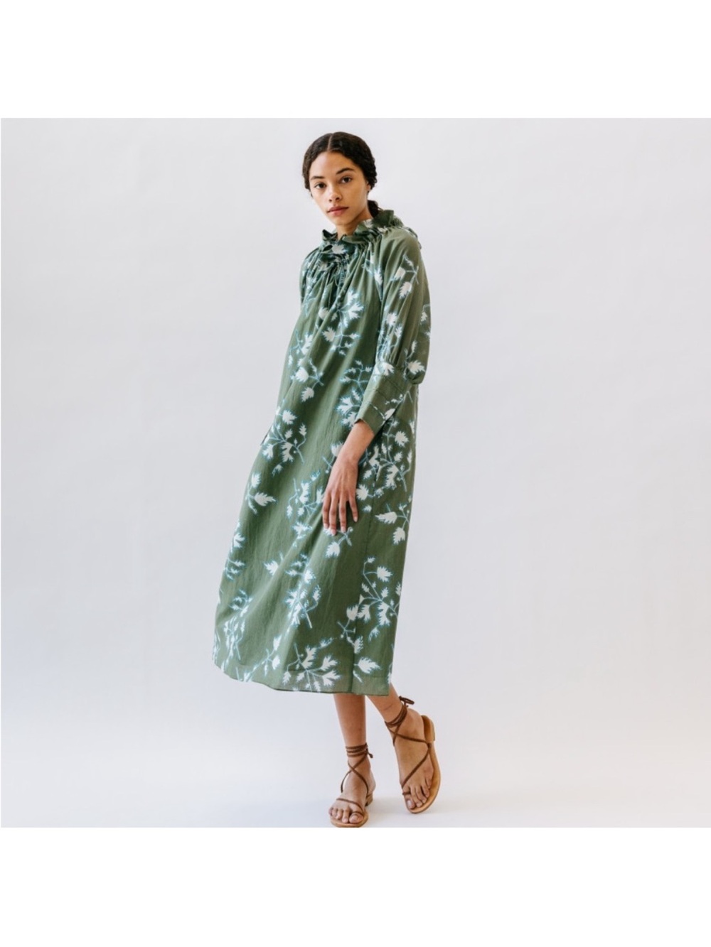 Mirth Vienna High Neck Midi Dress in Fig Leaf Olive Green 100% Cotton